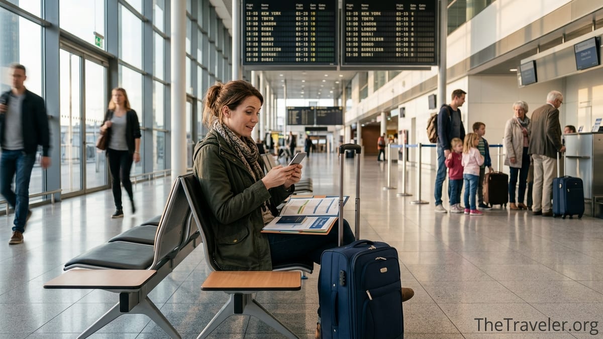 Traveler in a busy airport reviewing travel insurance documents before an international flight.