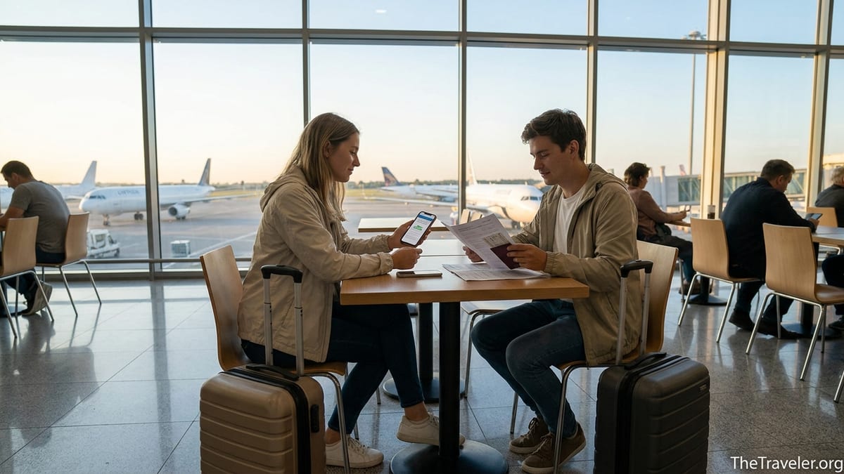 Couple reviewing travel insurance details on a laptop in a busy European airport terminal.