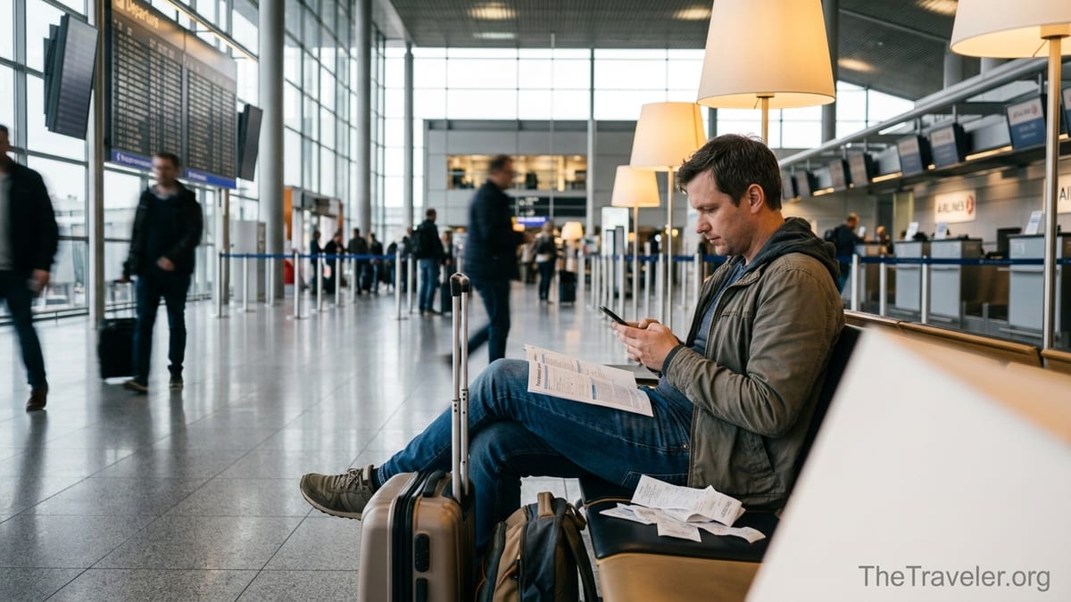 Traveler at airport reviewing travel insurance papers with luggage nearby.