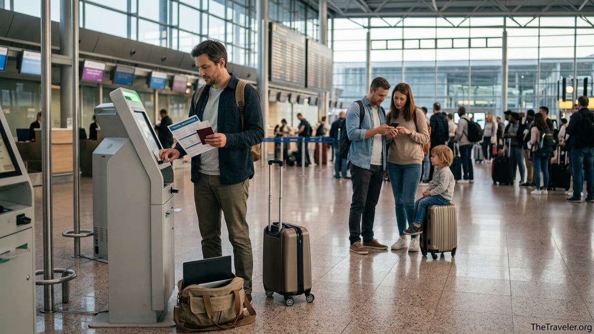 Traveler at a European airport checking travel insurance documents near check in.
