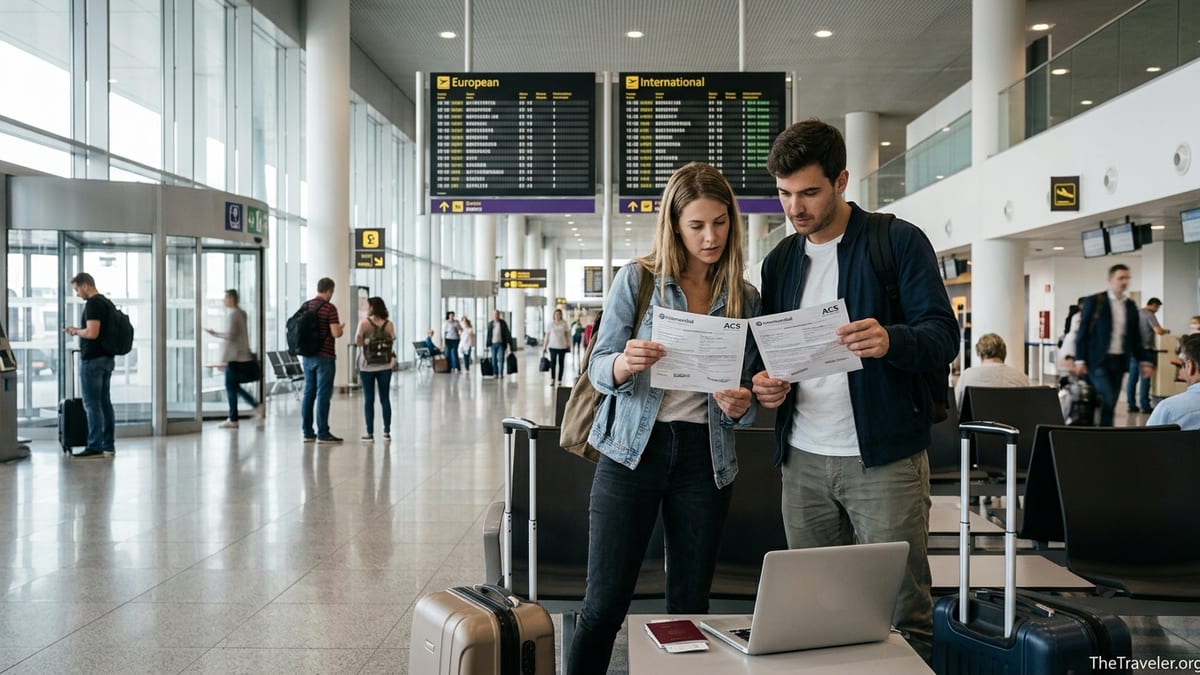 Travelers in a European airport comparing two printed travel insurance documents.