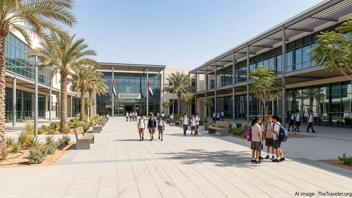 Modern international school campus in the UAE with students walking between contemporary buildings.