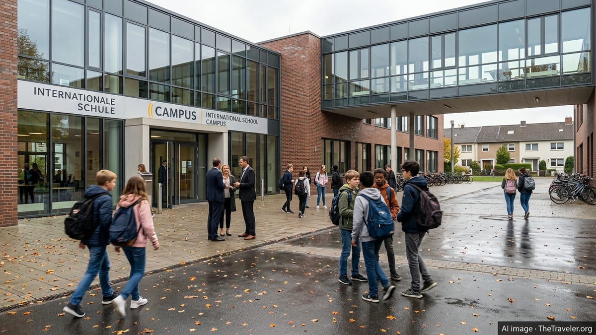 Students and parents outside a modern international school campus in Germany.