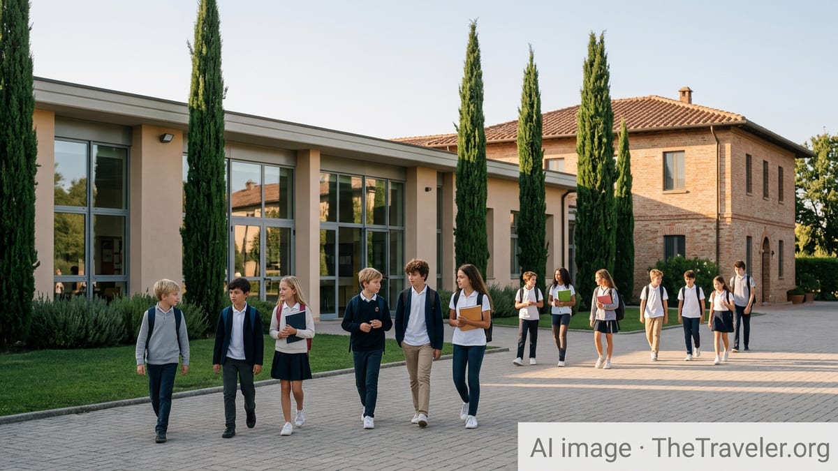Students walking between modern and traditional school buildings at an Italian international school campus.