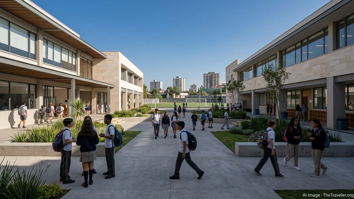 Students walking through a modern international school campus courtyard in Mexico.