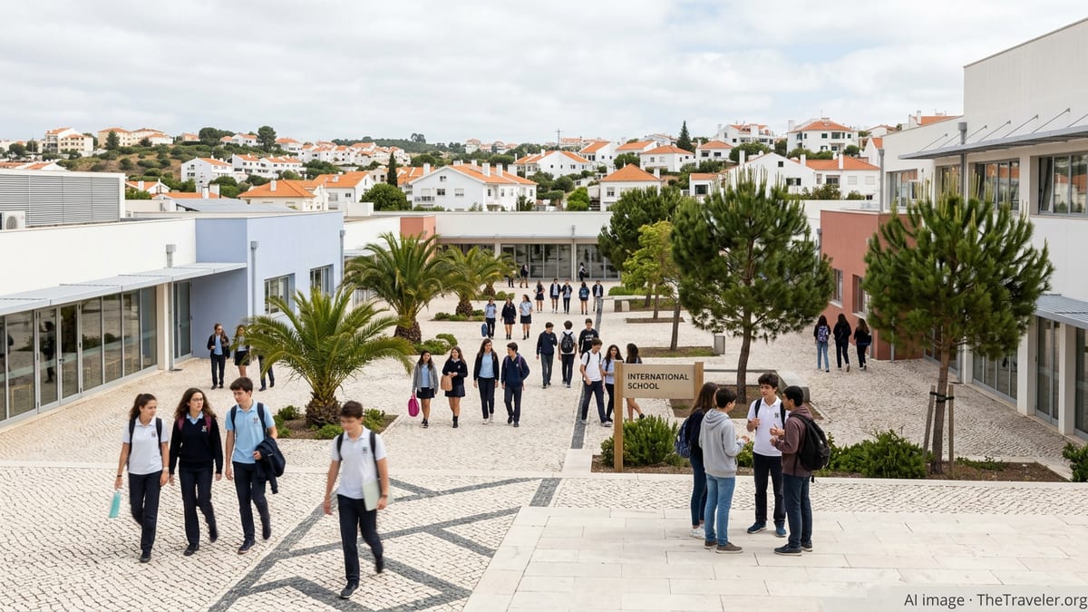 Students walking through a modern international school campus in Portugal