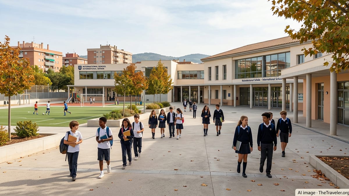 Students outside a modern bilingual international school campus in Spain on a sunny day.