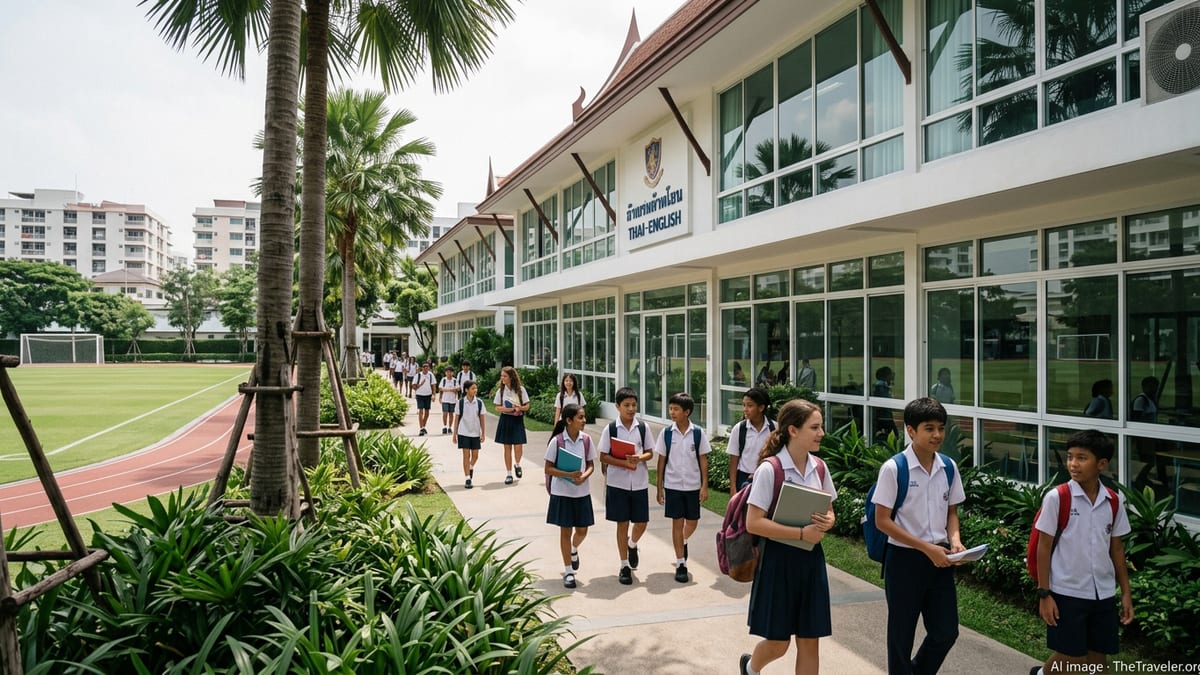 Students walking on a modern Thai international school campus with urban backdrop