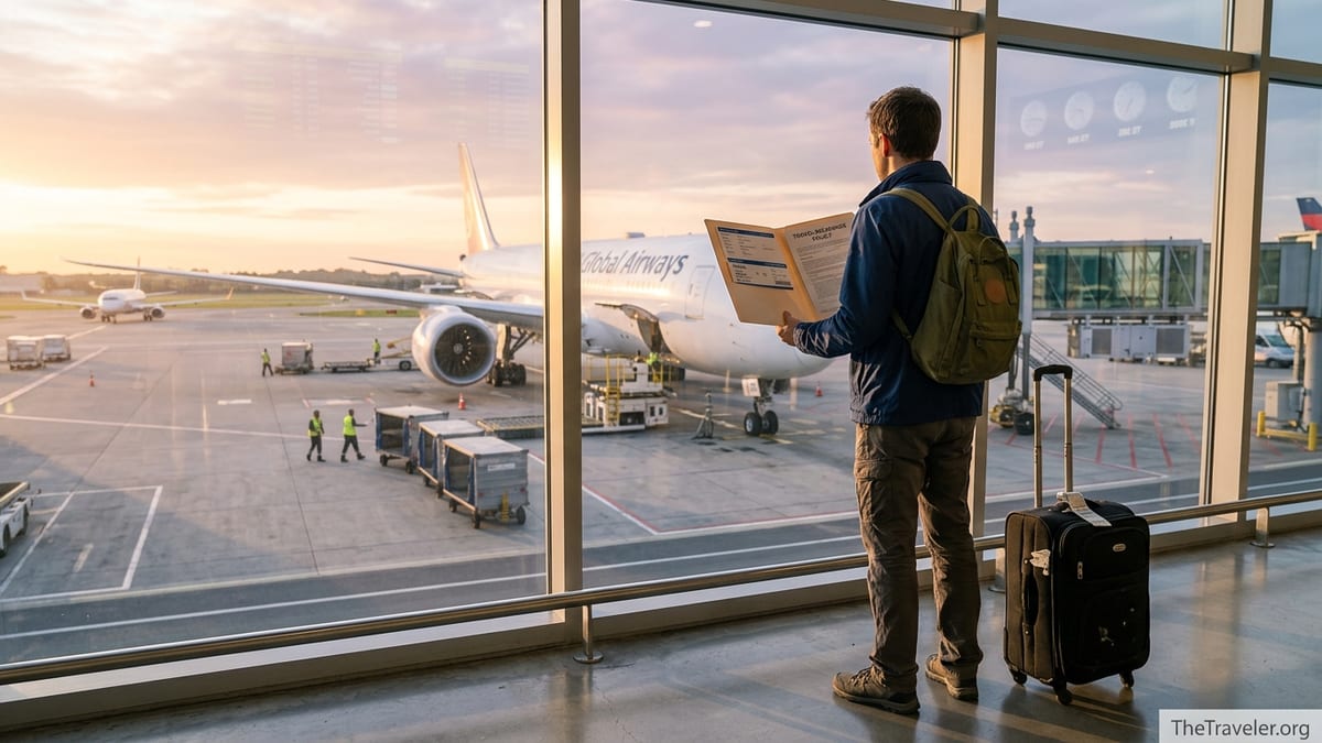 Traveler reading insurance documents by an airport window before an international flight.