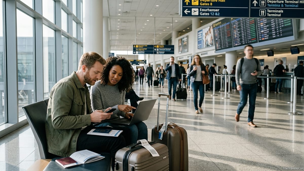 Travelers in a busy international airport comparing travel insurance before departure