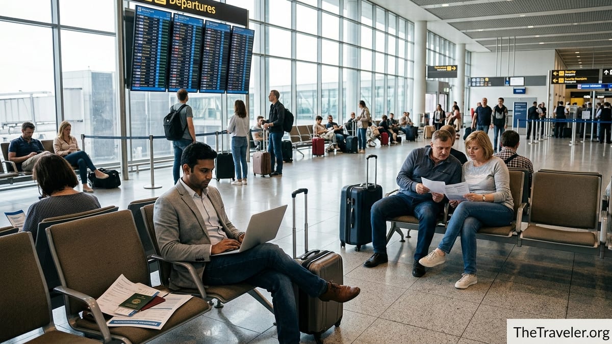 Travelers in an airport departure hall reviewing travel medical insurance documents.