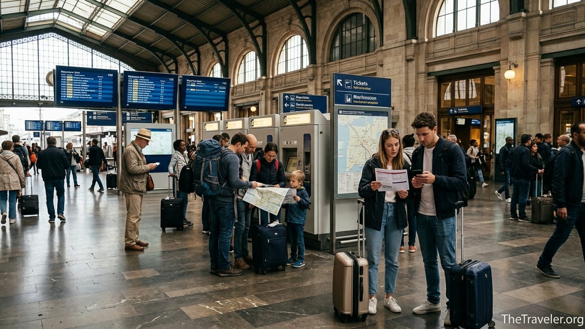 International travelers checking rail tickets in a busy European train station concourse.