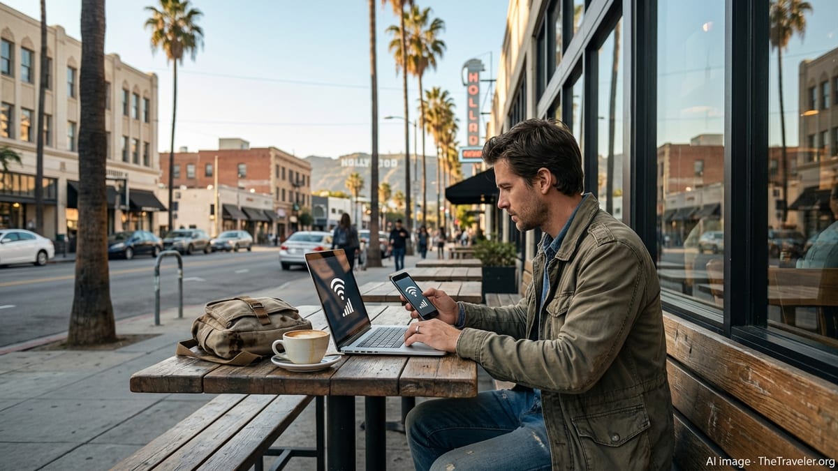 Traveler using phone and laptop at an outdoor café in Los Angeles with palm-lined street and strong mobile signal.