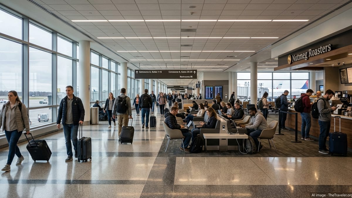Travelers using laptops and phones in a bright concourse at Bradley International Airport in Connecticut.