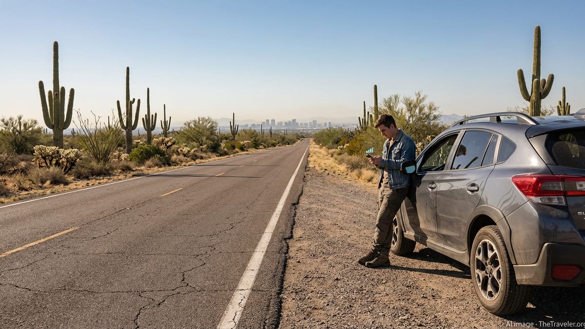 Traveler checking a smartphone beside a car on an Arizona desert highway with distant city skyline.