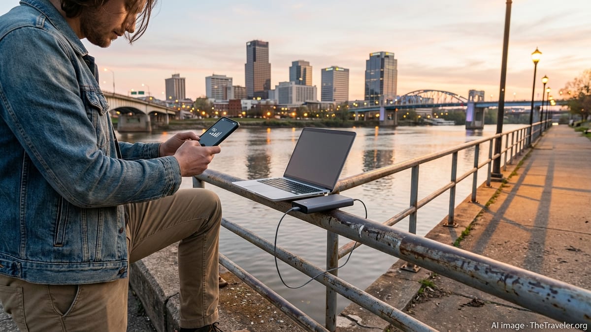 Traveler using smartphone with Arkansas River and Little Rock skyline in the background.