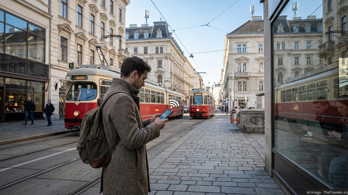 Traveler using a smartphone on a Vienna tram platform with city buildings and 5G antennas in the background.