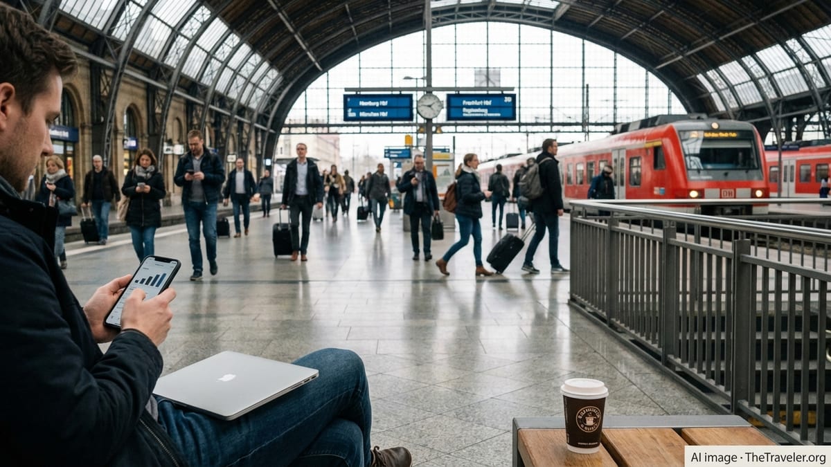 Traveler using smartphone for internet access inside a busy German train station.