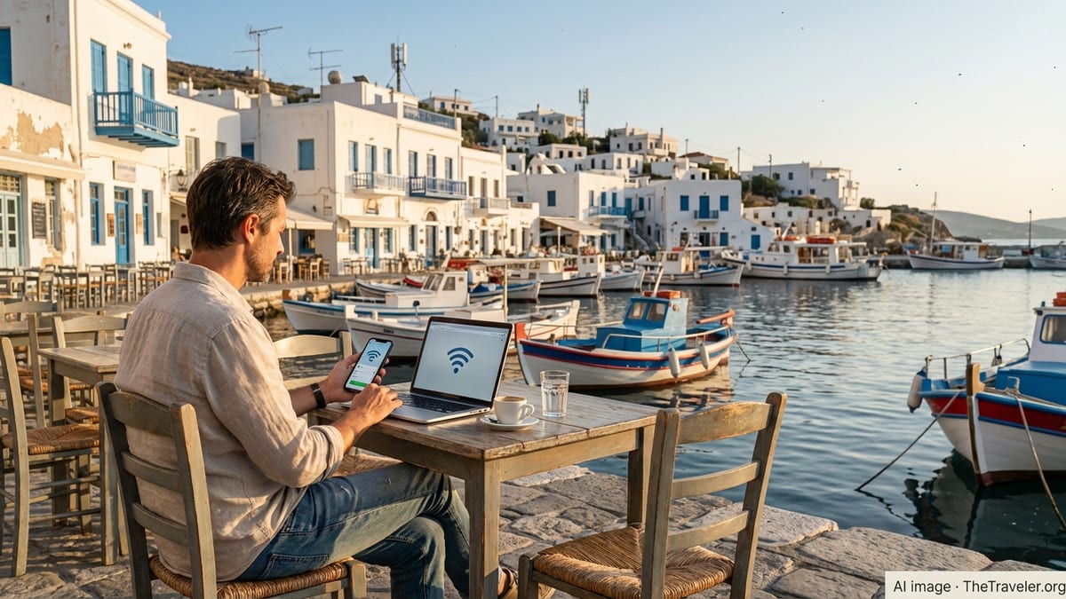 Traveler using laptop and phone at a Greek island cafe with harbor and village in background.
