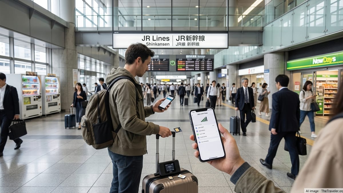Traveler in a Tokyo station setting up mobile internet with phone, SIM and pocket WiFi.