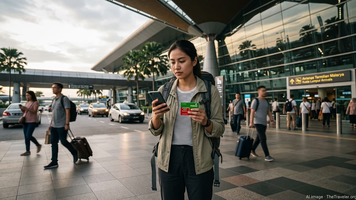 Traveler outside Kuala Lumpur International Airport checking phone after buying a Malaysian SIM card.