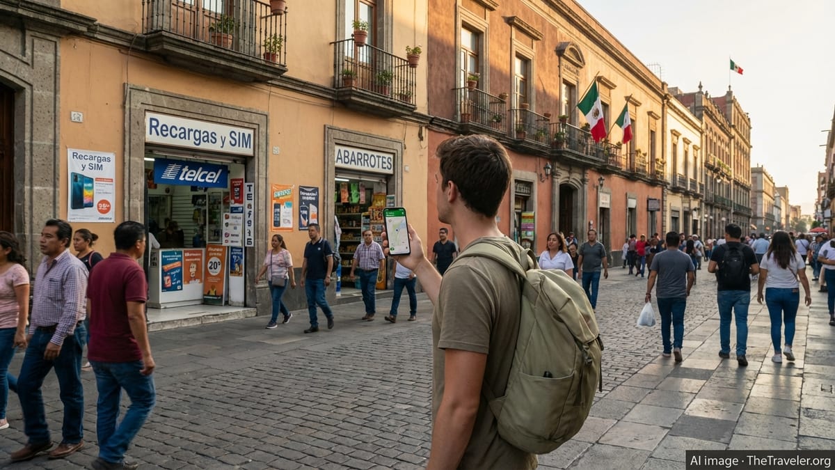 Traveler checking a smartphone on a busy street in central Mexico City with phone shops in the background.