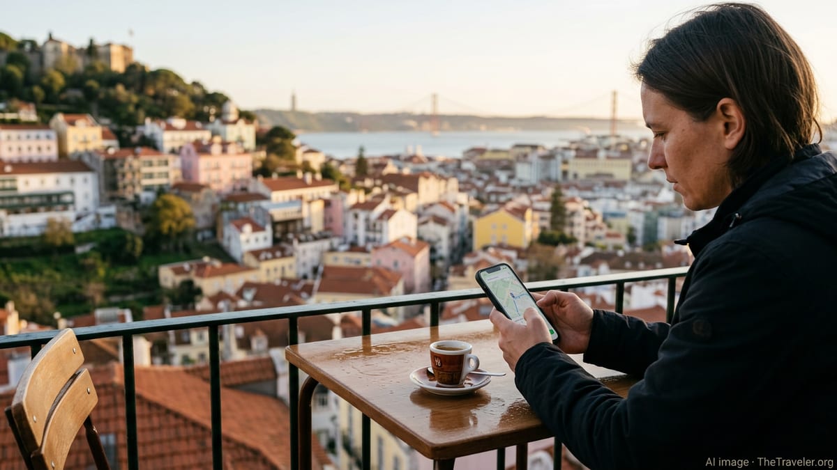 Traveler using a smartphone at a Lisbon café with city rooftops and river in the background.