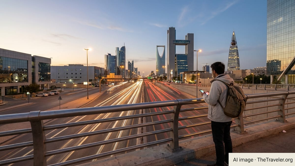 Traveler using a smartphone on a bridge overlooking Riyadh skyline and highway at dusk.