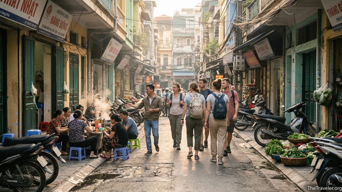 Small Intrepid Travel group walking with a local guide past street food stalls in Hanoi’s Old Quarter at sunset.