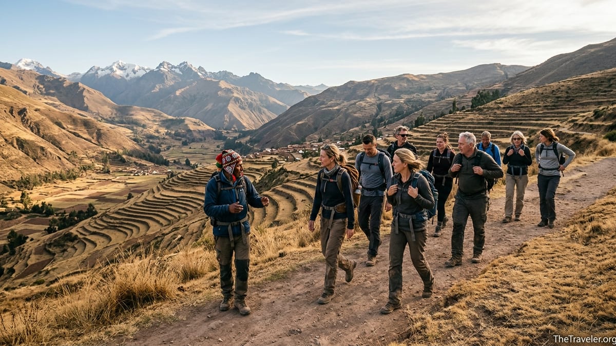Small group of hikers with local guide walking above terraced Andean valley at sunset.