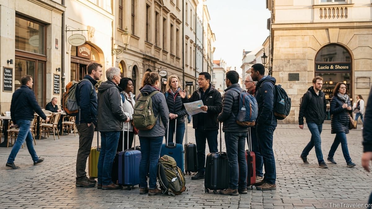 Small tour group with luggage listening to a guide in a sunny European city square.