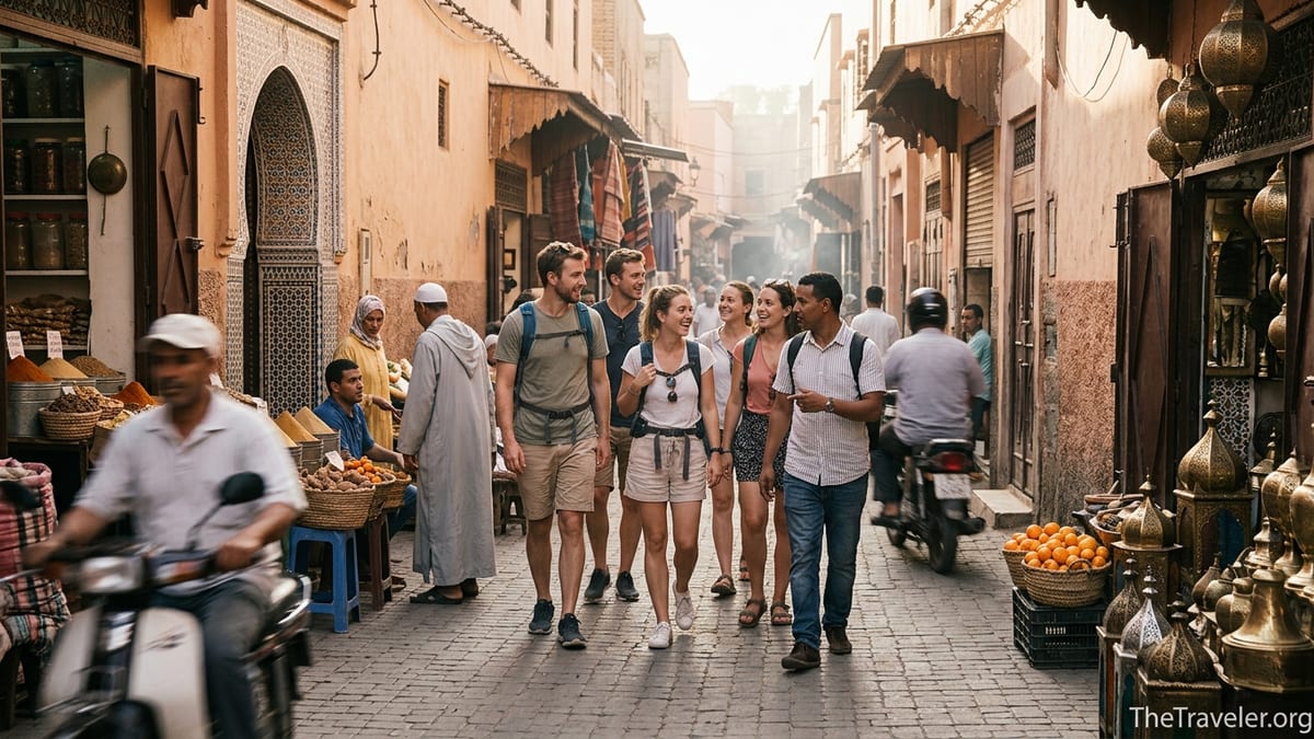 Small group of travelers with a local guide walking through a busy market street in Marrakech at golden hour.