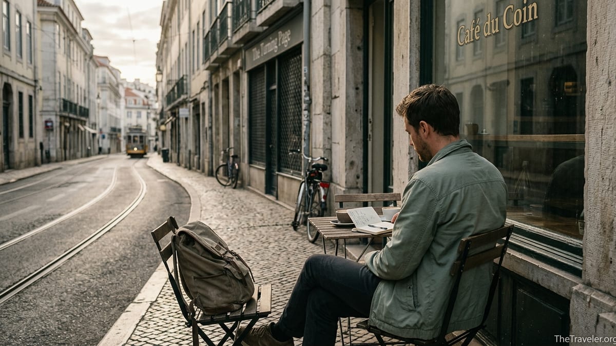 Introverted solo traveler writing in a notebook at a quiet European café on an empty cobblestone street at sunrise.