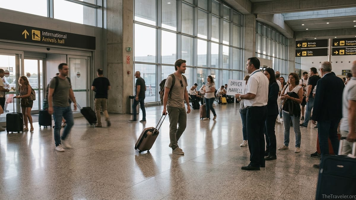 Traveler meeting a prebooked driver with a name sign in a busy airport arrivals hall.