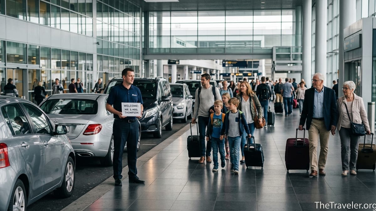 Driver holding an airport transfer sign greeting travelers outside a busy terminal.