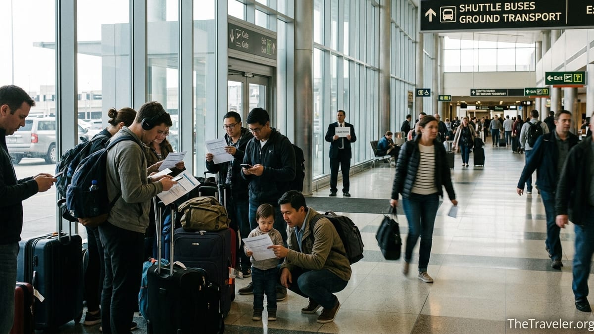 Travelers at an airport arrivals hall checking Intui-style transfer vouchers and meeting instructions.