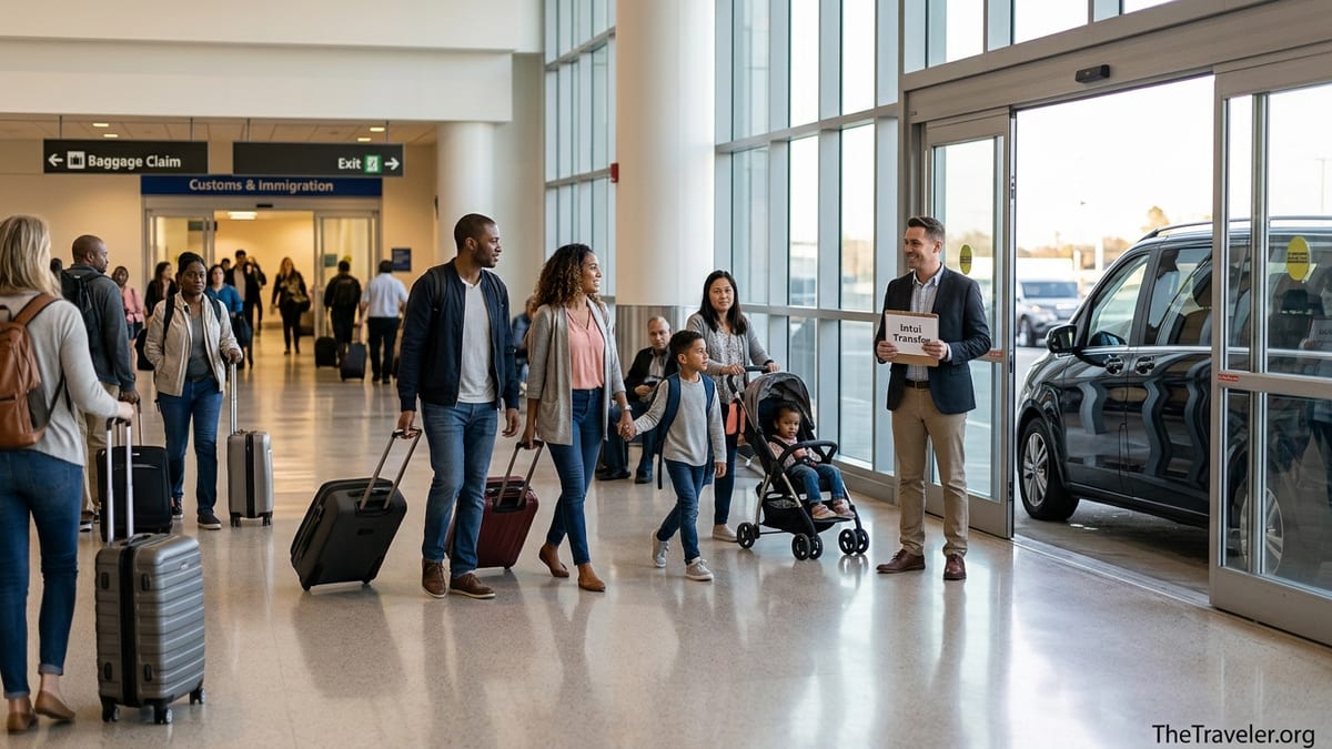 Travelers in an airport arrivals hall meeting a pre booked Intui transfer driver with name sign and minivan waiting outside.