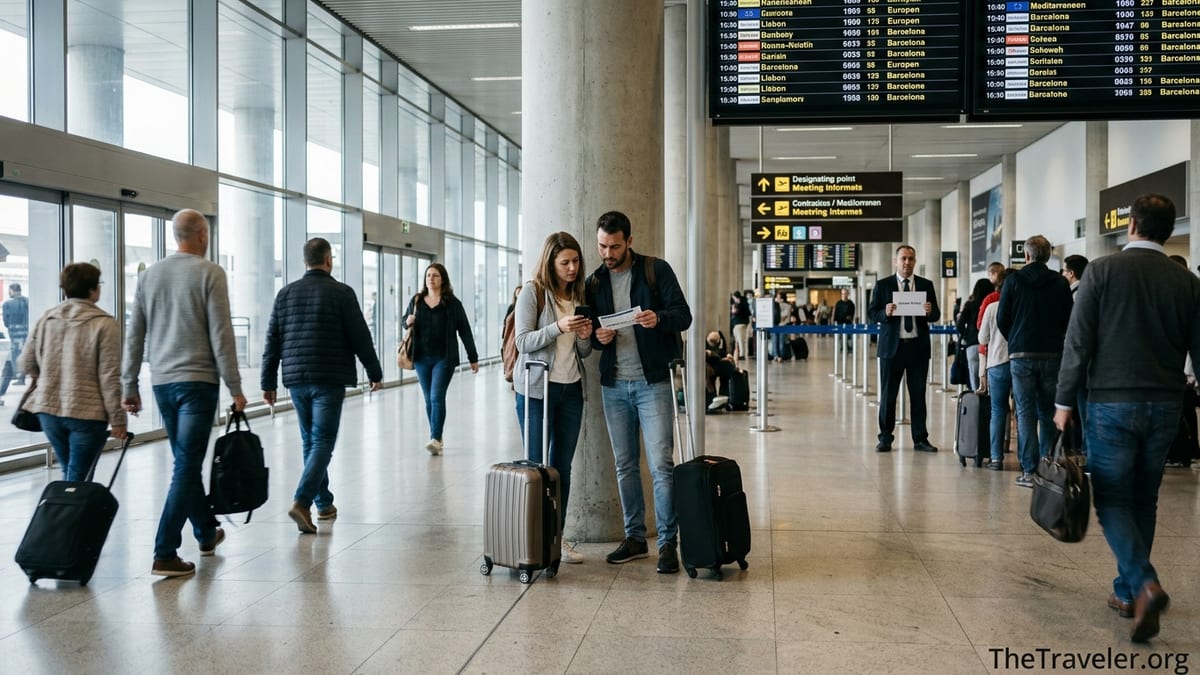 Confused travelers in an airport arrivals hall searching for their transfer driver.