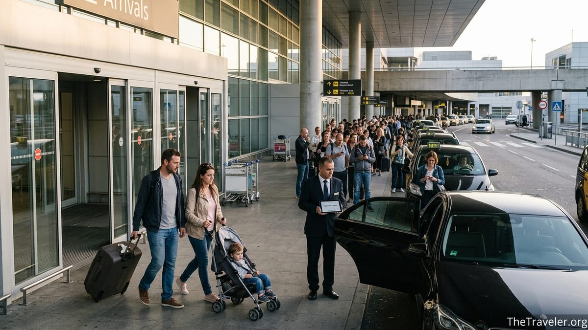 Family meeting private airport transfer driver while long taxi queue forms behind them.