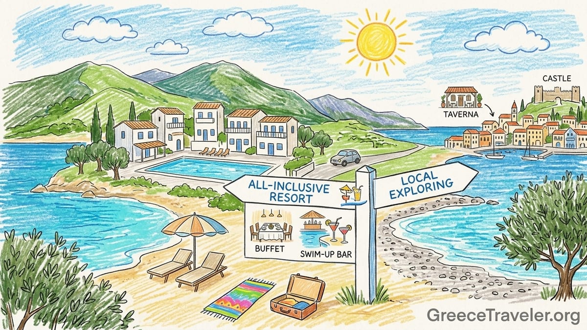 Beachfront all-inclusive resort on a sandy Corfu bay at sunrise with calm Ionian Sea.
