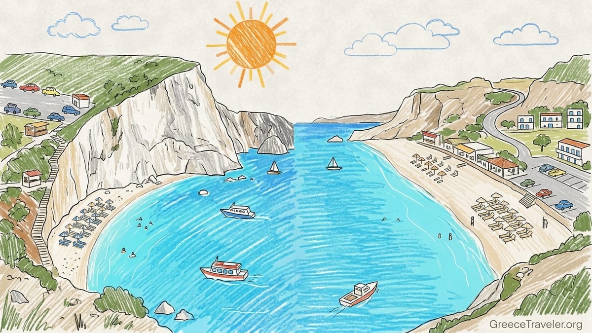 Aerial view of Ionian beaches with white cliffs, turquoise water and sandy family bays.