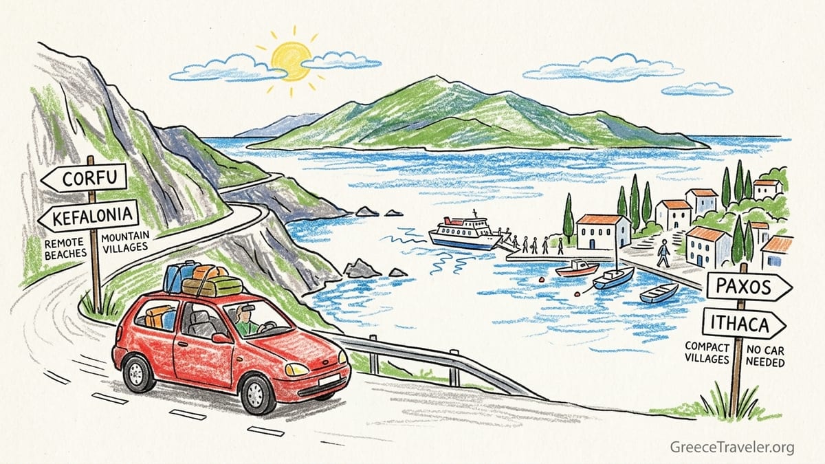Small rental car parked above a winding Ionian coastal road with sea and ferry below