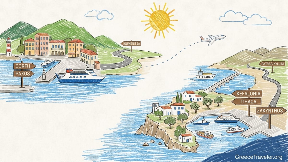 Aerial view of a ferry crossing between Kefalonia and Ithaca in the Ionian Sea.