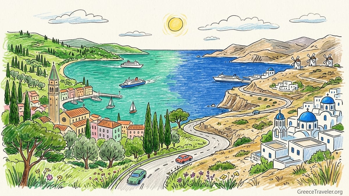 Aerial view of an Ionian Island bay with turquoise sea, cliffs, forested hills and a small harbour village.
