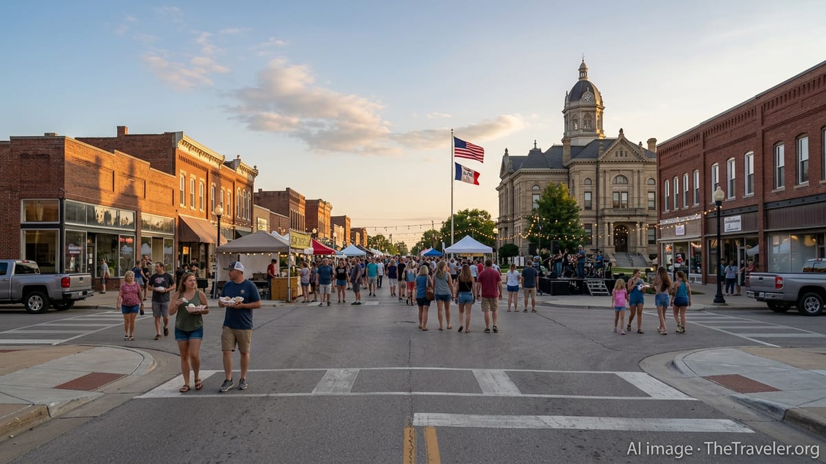 Small-town Iowa main street festival at golden hour with locals, vendor tents and historic courthouse.