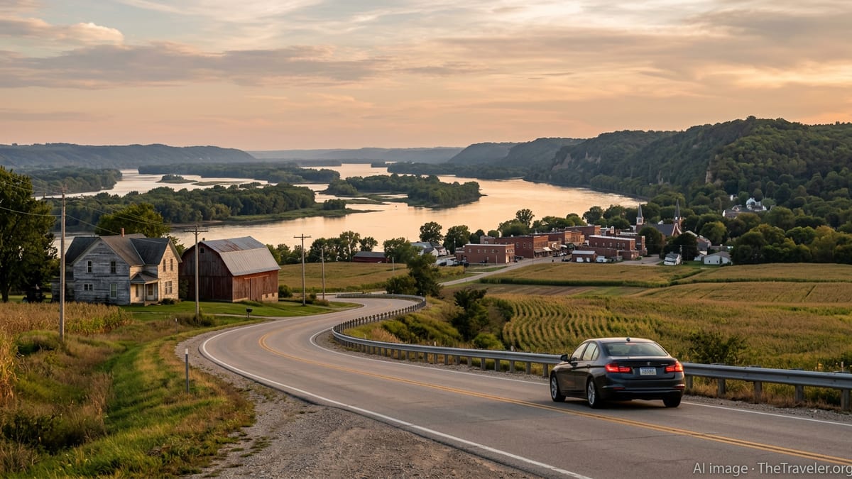 Curving scenic road above the Mississippi River with Iowa bluffs, fields and a small river town at sunset.