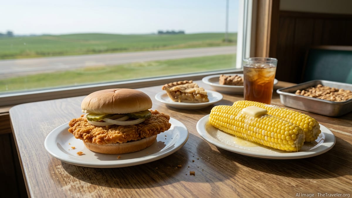 Iowa diner table with pork tenderloin sandwich, buttered sweet corn, and pie by a sunny window.