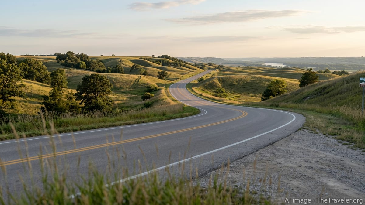 Golden hour view of a winding road through Iowa’s Loess Hills with rolling grassy ridges.