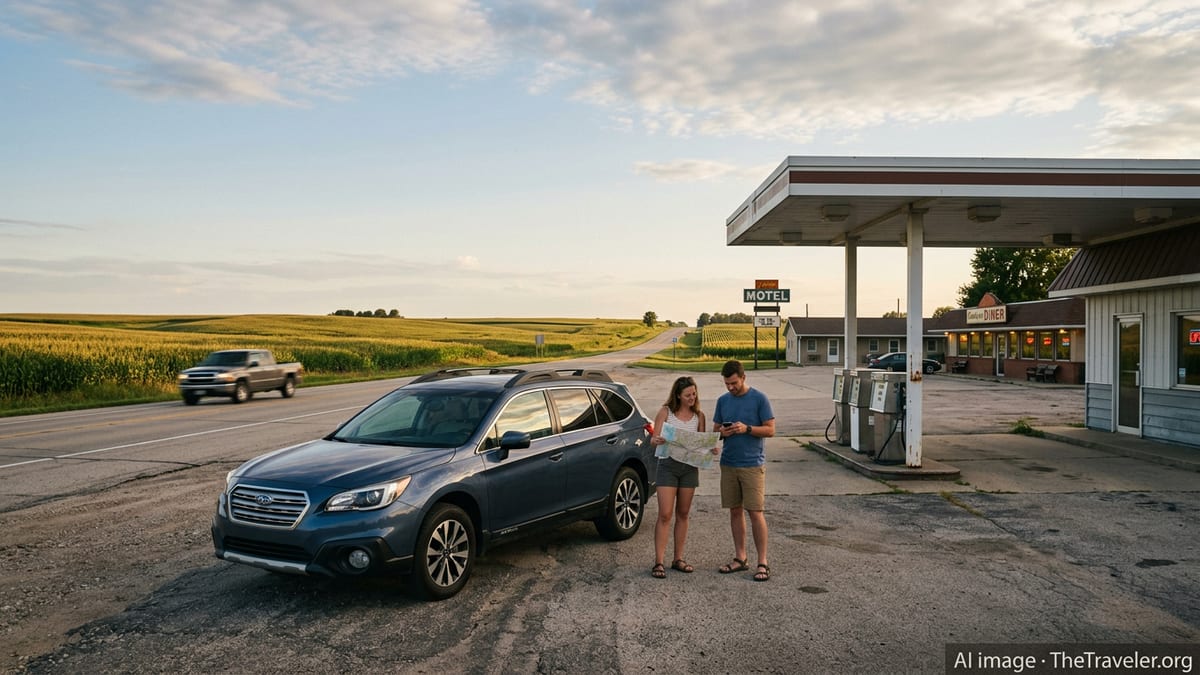 Travelers refuel at a rural Iowa gas station at sunset with car, motel, and diner in view.