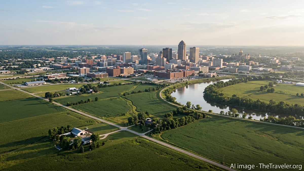 Aerial view of Iowa farmland leading into downtown Des Moines at golden hour.